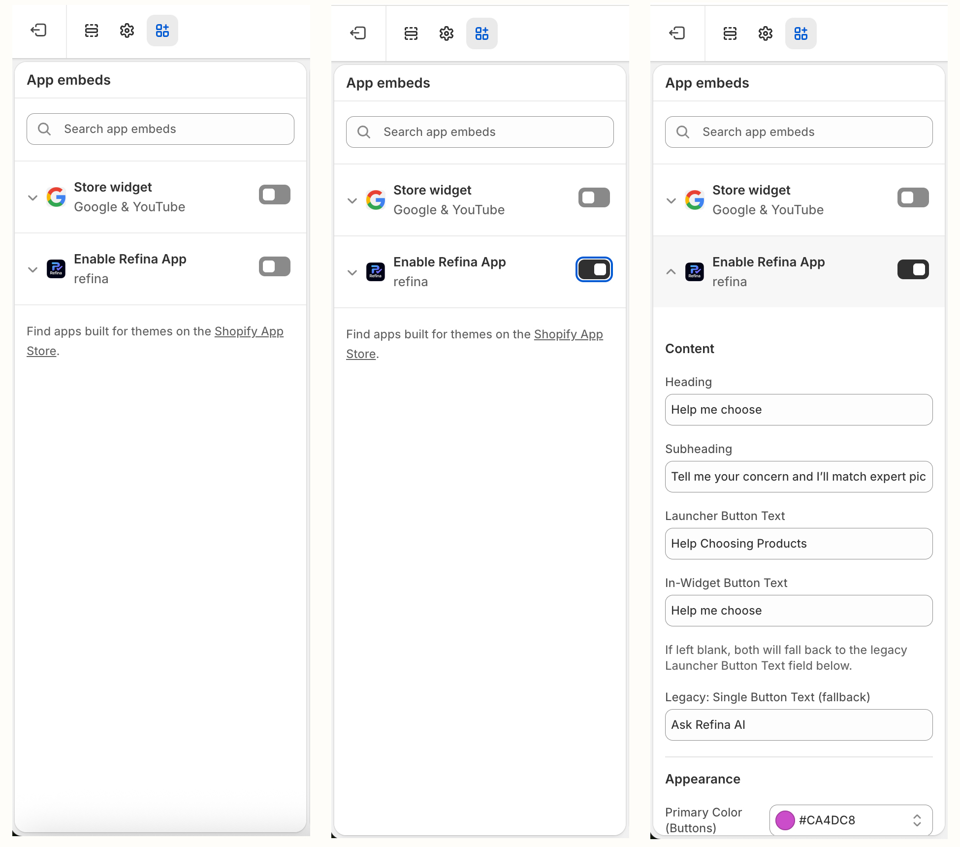 Theme editor app embeds: toggle off, then on, then settings expanded