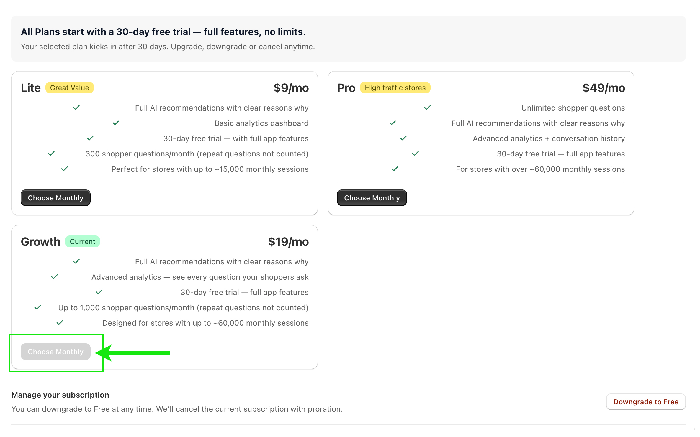 Refina billing page showing three pricing tiers with feature comparison