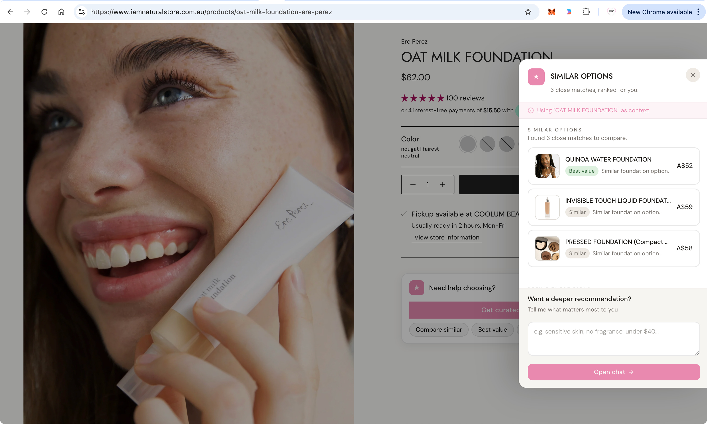 A product page with the drawer open, showing the preset chips and suggested products