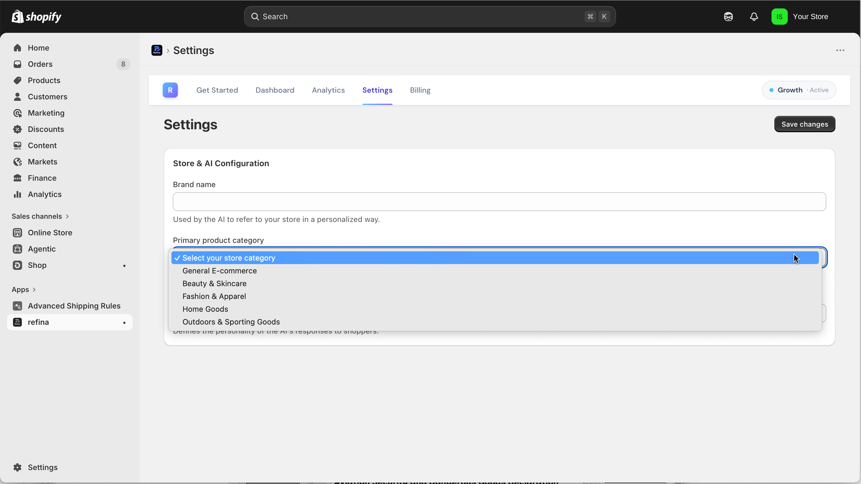 Refina Admin → Settings with the Store Category dropdown expanded